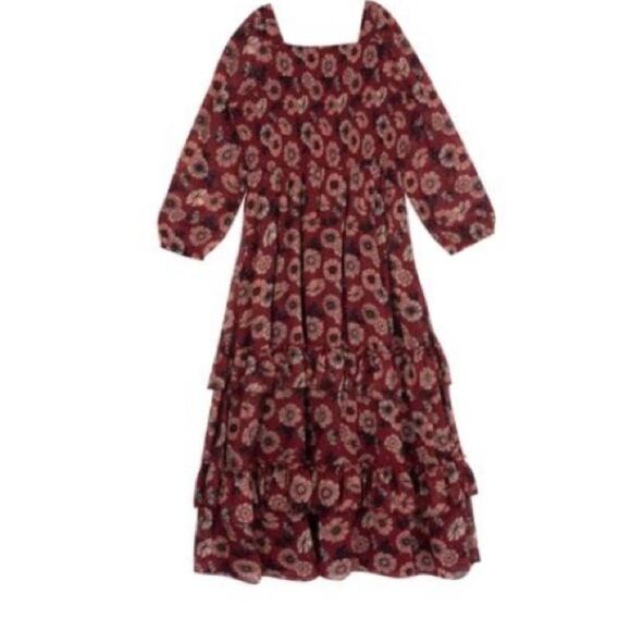 Rare Editions Big Girls Printed Lurex Chiffon Smocked Maxi Dress - Burgundy - Picture 3 of 16